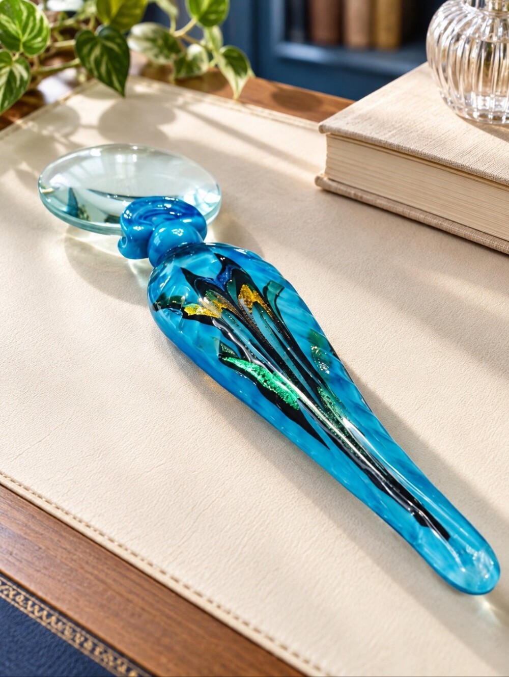 Pier 1 Blue Art Glass Magnifying Glass Loupe 6.5" Original Box Desk Decor